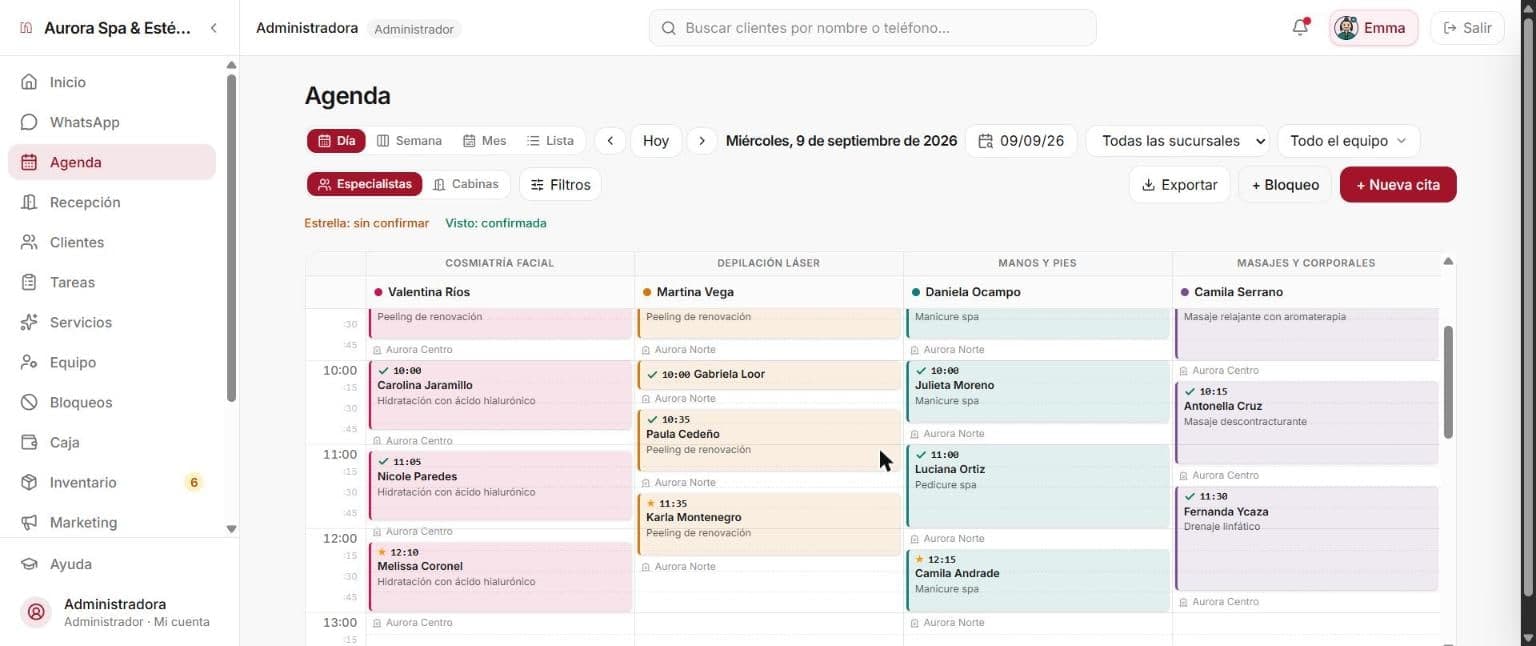 Neralda daily calendar with one column per specialist (interface in Spanish)