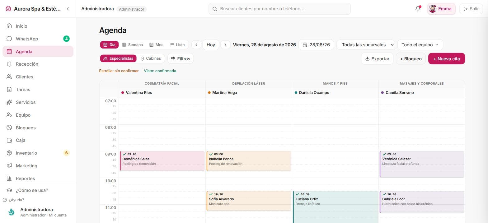Agenda diaria de Neralda con una columna por especialista