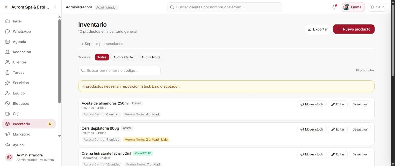 Inventario de Neralda con stock separado por sucursal y aviso de reposición