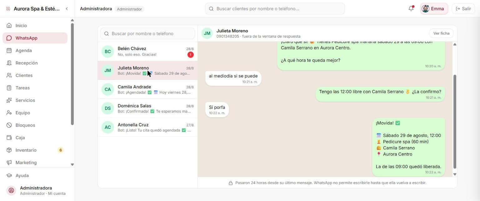 WhatsApp conversation inside Neralda: the client asks for noon, the bot offers 12:00 with Camila Serrano, she confirms and the bot moves the appointment and frees the previous slot (interface in Spanish)
