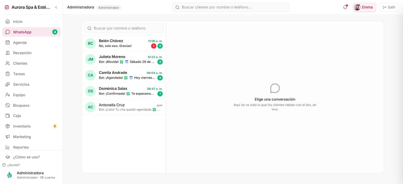 Bandeja de WhatsApp de Neralda con las conversaciones que el bot atendió: citas agendadas, reagendadas y confirmadas