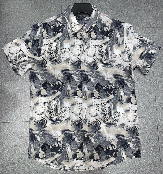 Zara Vintage Men's Short-Sleeve Button-Up Shirt, Possibly From The 1990s, With a Black, Grey, and White Abstract Pattern